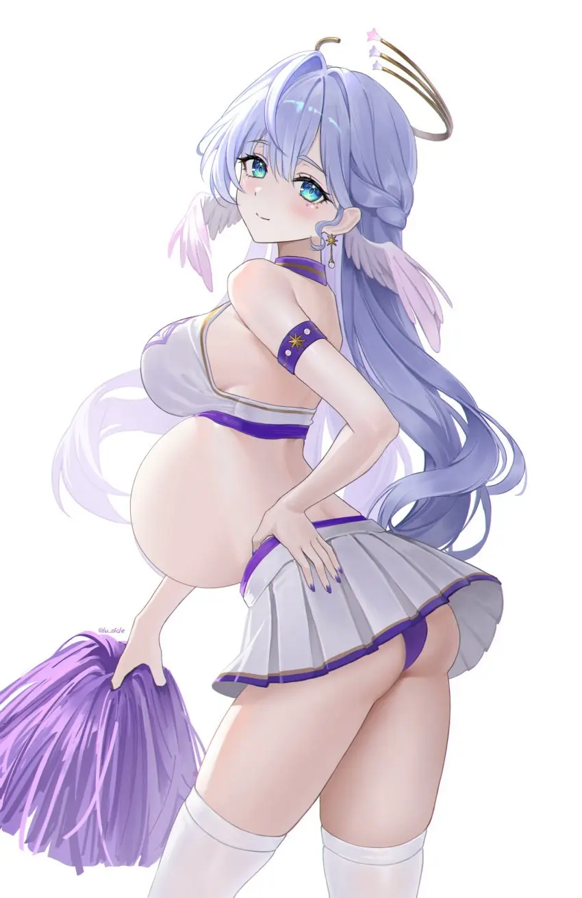 Image 1girls,female,looking_at_viewer,solo,big_belly,pregnant,pregnant_belly,pregnant_female,third-party_edit,bloated_belly,honkai:_star_rail,cheerleader,marking_below_eyes,robin_(honkai:_star_rail),ediatorpxv