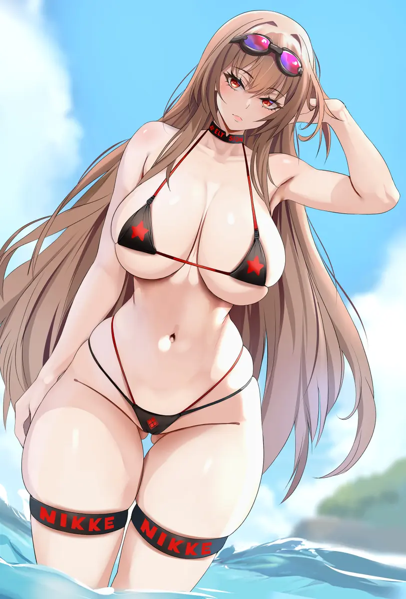 Image 1girls,big_breasts,breasts,female,female_only,light-skinned_female,light_skin,red_eyes,solo,standing,choker,bikini,water,cleavage,solo_female,ass_visible_through_thighs,thigh_gap,alternate_version_available,outdoors,hourglass_figure,tight_clothing,revealing_clothes,goddess_of_victory:_nikke,skimpy_clothes,fully_clothed,swimwear,thigh_band,rapi_(nikke),idrawbaes,swim_goggles