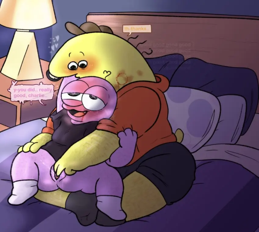 Image blush,male,pussy,intersex,2boys,drooling,size_difference,pussy_juice,fingering,cuntboy,overweight,hairy,overweight_male,pim_(smiling_friends),smiling_friends,praise,charlie_(smiling_friends),bensartcave,bitemarks,drooling_blood