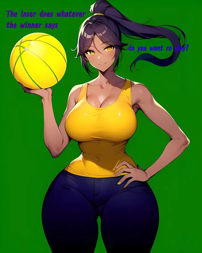 Image 1girls,big_breasts,breasts,female,long_hair,thick_thighs,wide_hips,ai_generated,2d,purple_hair,thick_hips,thick_legs,bleach,shihouin_yoruichi,wide_thighs,green_background,basketball