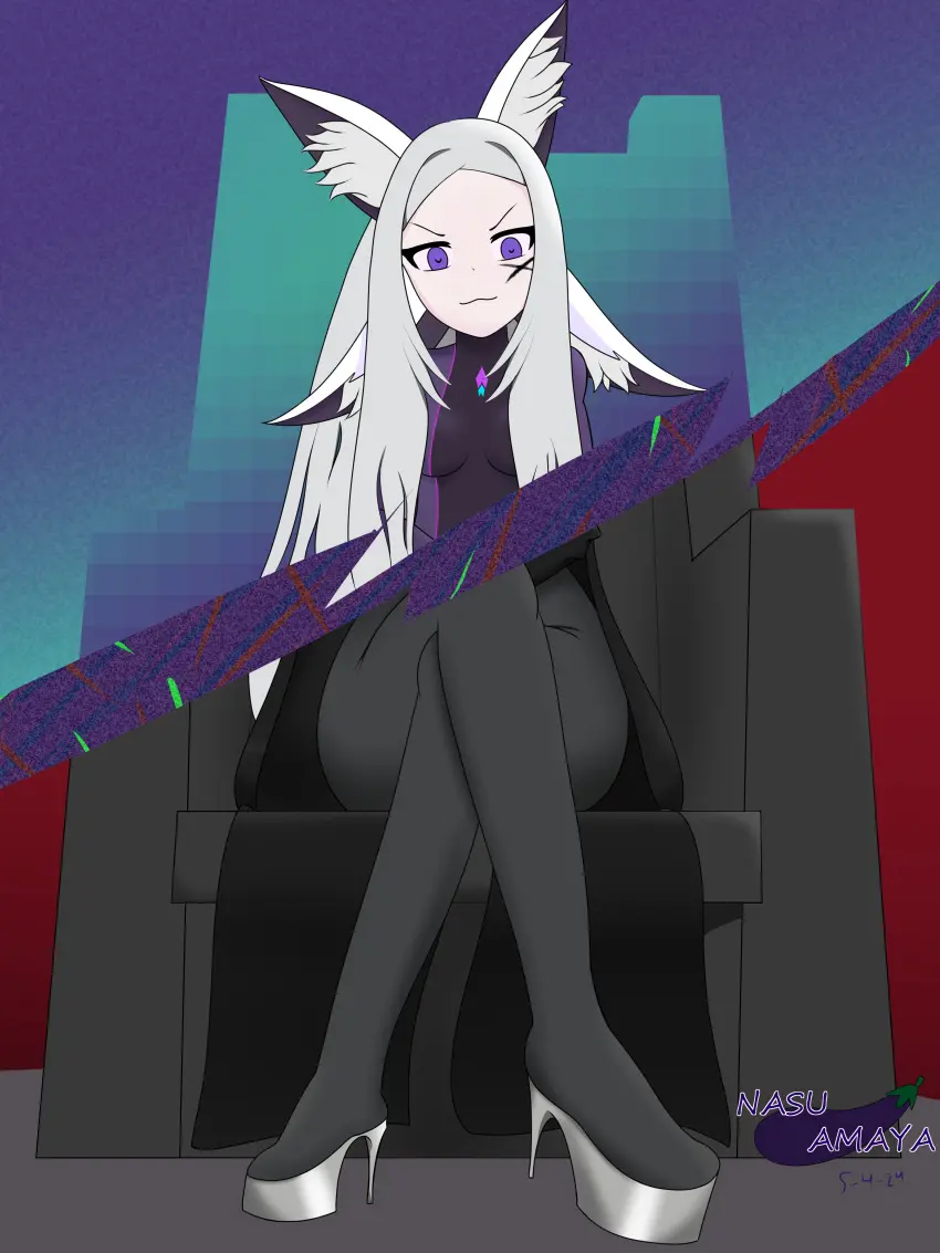 Image female,red_eyes,white_hair,virtual_youtuber,high_heels,platform_heels,fox_ears,vyugen,skin_tight,face_markings,dya_rikku_(vtuber)