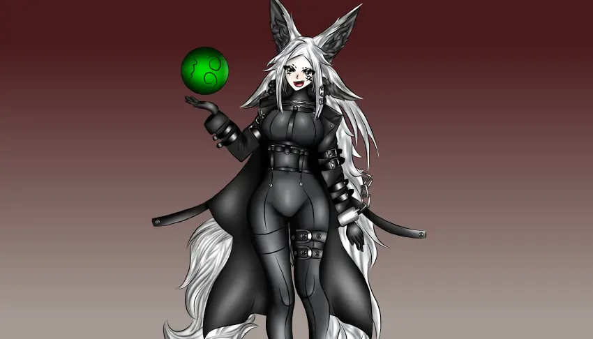 Image female,red_eyes,white_hair,virtual_youtuber,fox_ears,vyugen,skin_tight,face_markings,dya_rikku_(vtuber)