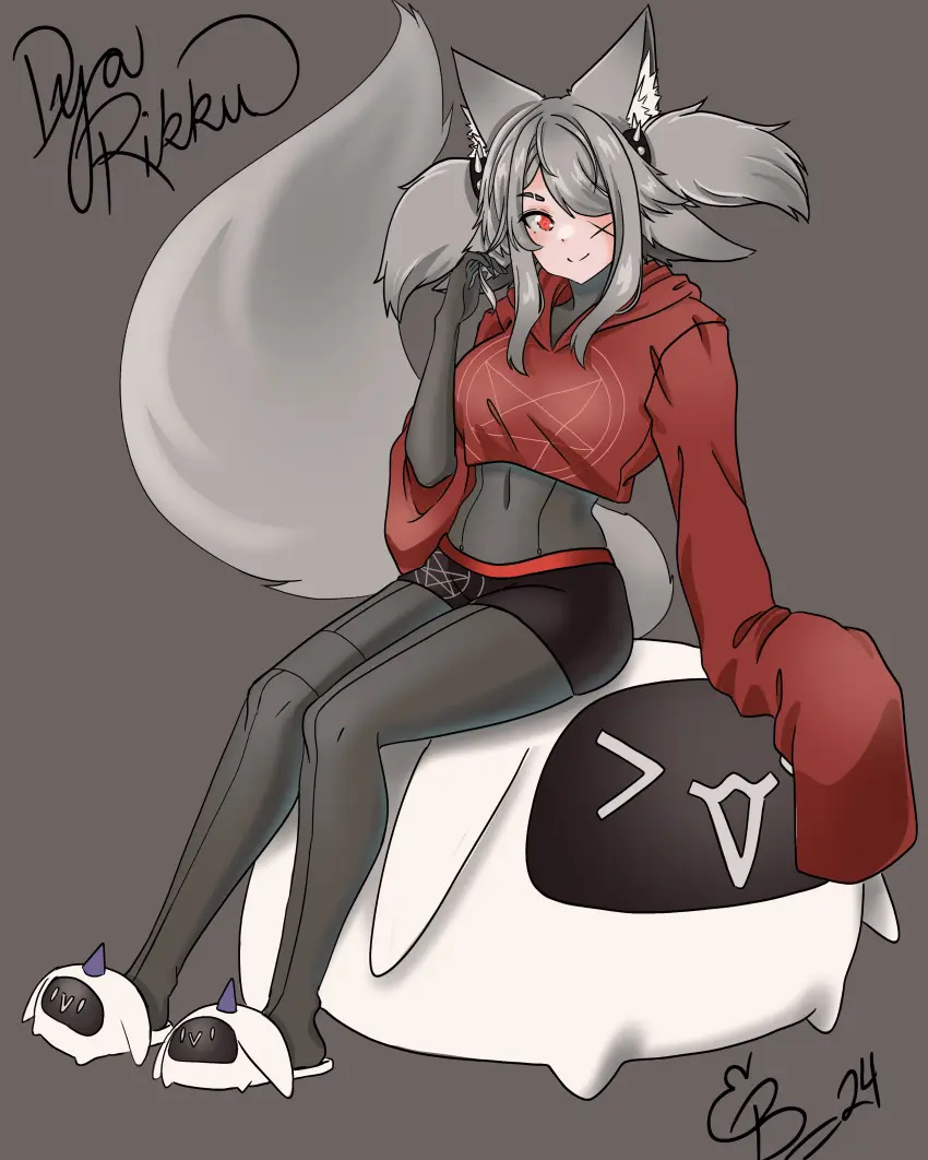 Image female,red_eyes,white_hair,virtual_youtuber,fox_ears,vyugen,skin_tight,face_markings,dya_rikku_(vtuber)