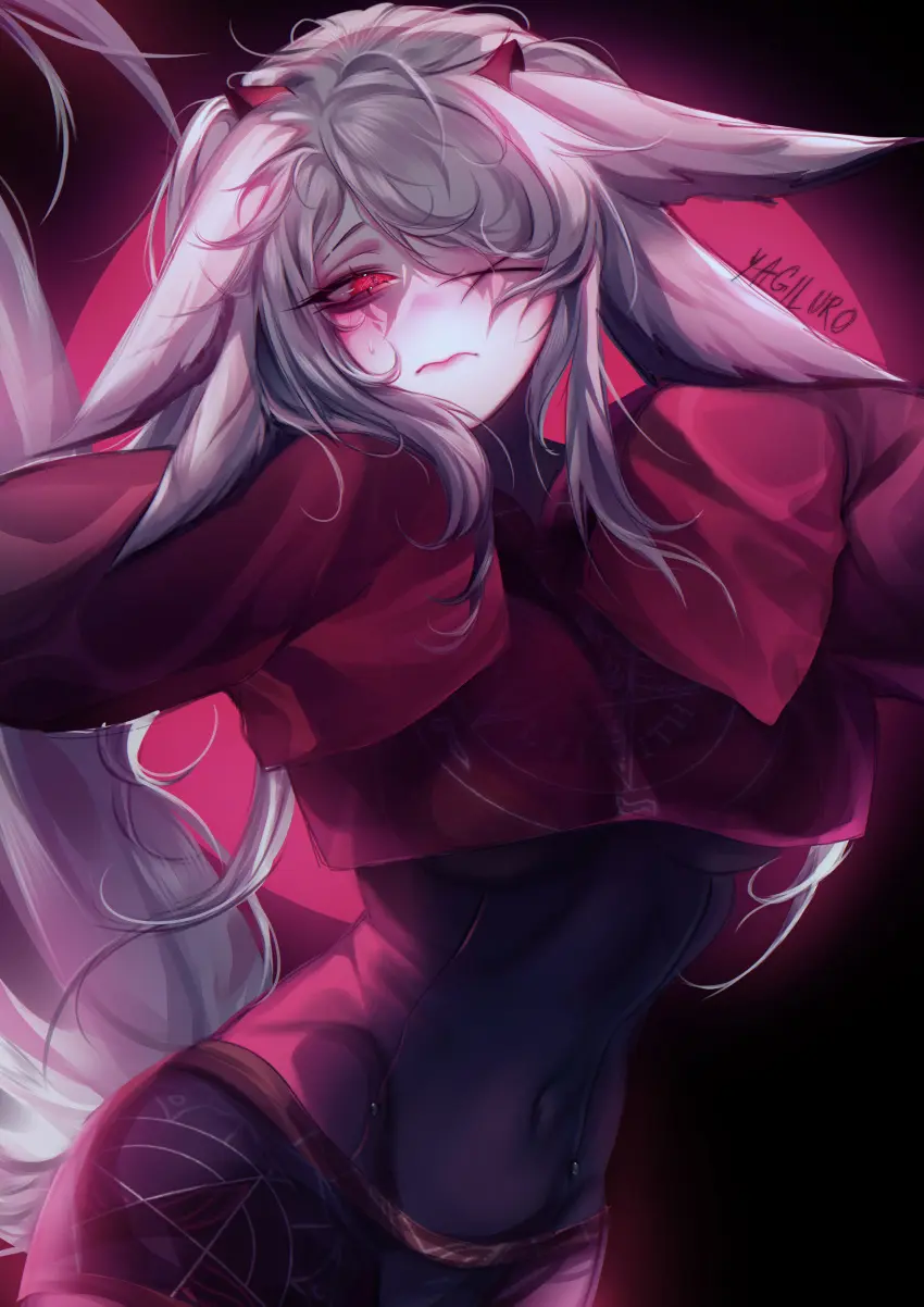 Image female,red_eyes,white_hair,virtual_youtuber,fox_ears,vyugen,skin_tight,face_markings,dya_rikku_(vtuber)