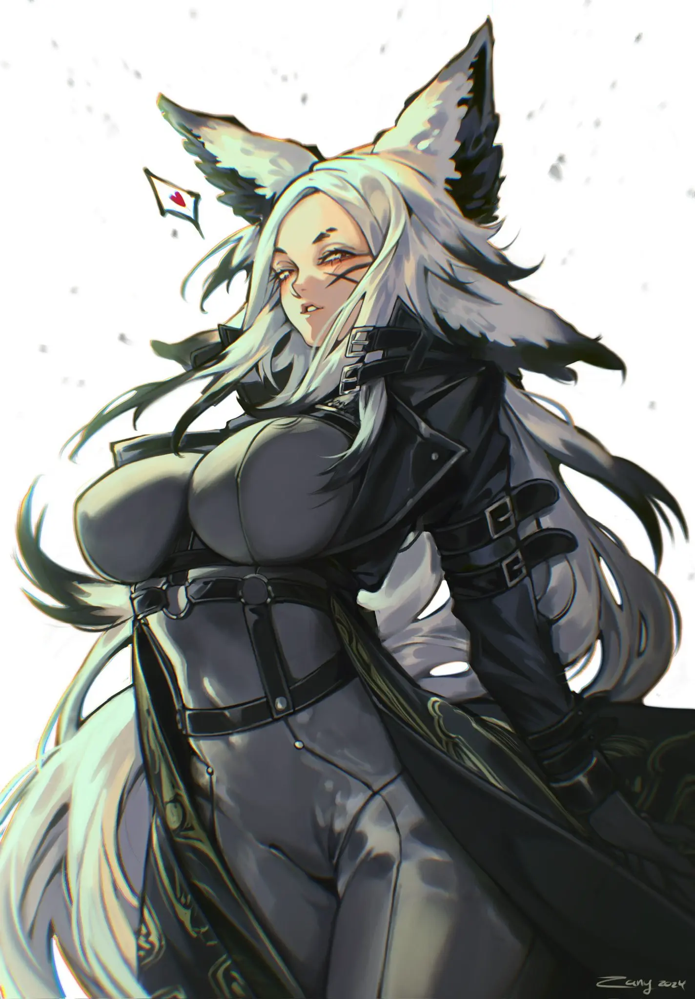 Image female,red_eyes,white_hair,virtual_youtuber,fox_ears,vyugen,skin_tight,face_markings,dya_rikku_(vtuber)