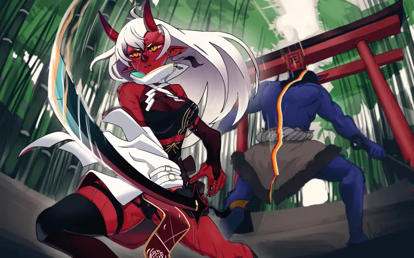 Image female,white_hair,yellow_eyes,virtual_youtuber,horns,red_skin,scars,akumi,oni,oni_horns,vyugen