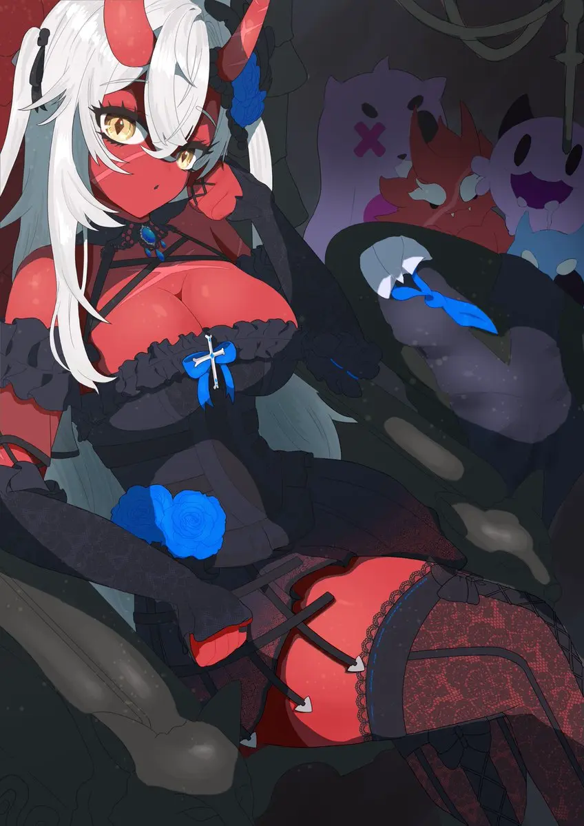 Image female,white_hair,yellow_eyes,virtual_youtuber,horns,red_skin,scars,akumi,oni,oni_horns,vyugen