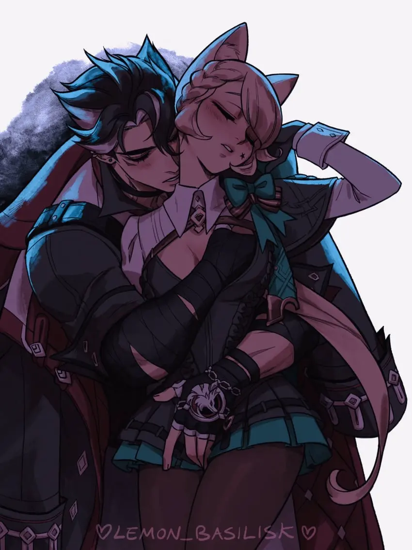 Image 1girls,female,1boy,male,straight,cat_ears,cat_girl,catgirl,male/female,size_difference,petite,closed_eyes,aroused,genshin_impact,romantic,miniskirt,hand_between_legs,hugging,sensual,hand_on_breast,wriothesley_(genshin_impact),lynette_(genshin_impact),hugging_from_behind,lemon_basilisk
