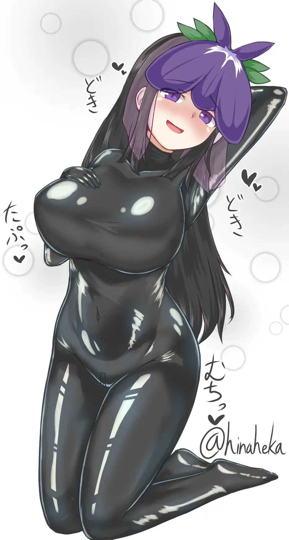 Image breasts,clothing,female,female_only,highres,large_breasts,long_hair,looking_at_viewer,open_mouth,smile,solo,touhou,white_background,black_hair,female_focus,text,purple_eyes,curvy,looking_pleasured,latex,latex_clothing,tight_clothing,flower,bodysuit,japanese_text,signature,fully_clothed,plump,black_clothing,zipper,black_bodysuit,skin_tight,png,twitter_username,latex_bodysuit,latex_suit,shiny_clothes,yomotsu_hisami,black_latex,flower_on_head,crotch_zipper,hinaheka