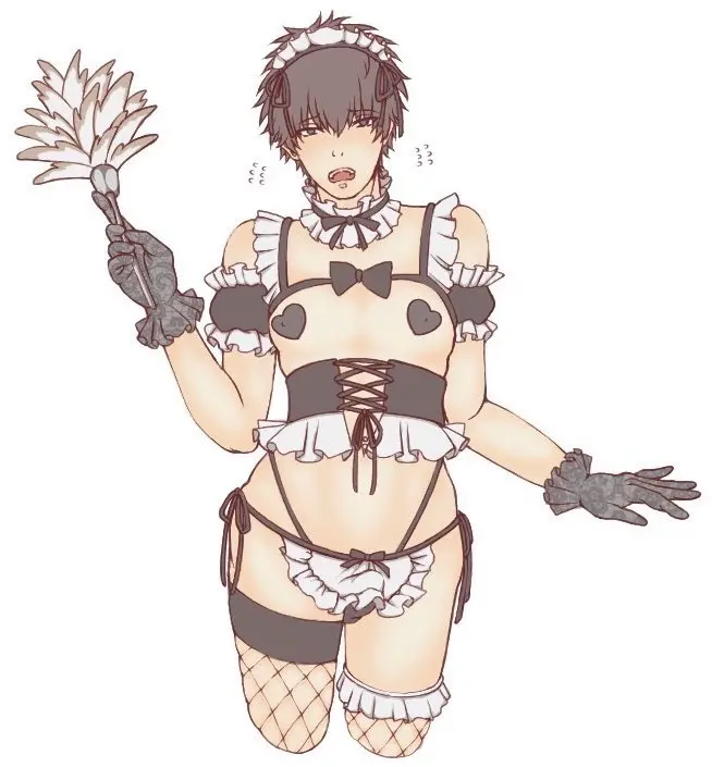 Image looking_at_viewer,open_mouth,solo,black_hair,gloves,male,thighhighs,crossdressing,femboy,male_only,bulge,detached_collar,maid,maid_uniform,pasties,maid_headdress,fishnets,thong,corset,fishnet_thighhighs,fishnet_legwear,waist_apron,heart_pasties,frills,gintama,hijikata_toshiro,6zyo_hitoma,duster