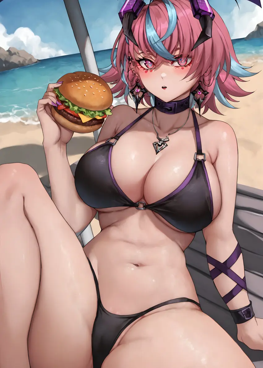Image 1girls,blush,breasts,female,short_hair,bikini,thighs,multicolored_hair,beach,virtual_youtuber,ai_generated,vtuber,tagme,swimsuit,public,latam_virtual_youtuber,food,emikukis,sky_blue_hair,hamburger,corela