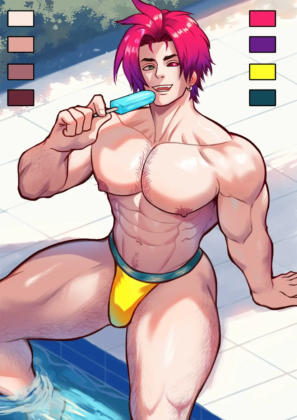 Image nipples,solo,male,two_tone_hair,muscular,muscular_male,smiling,male_only,solo_focus,pink_hair,purple_hair,bulge,pecs,chest,male_focus,solo_male,abs,league_of_legends,pectorals,muscular_thighs,heartsteel_series,kayn,heartsteel_kayn,tosakintran