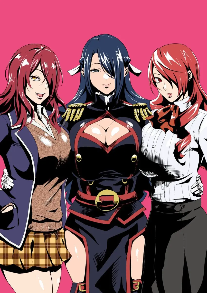 Image breasts,female,large_breasts,looking_at_viewer,red_eyes,blue_eyes,blue_hair,yellow_eyes,red_hair,hair_over_one_eye,milf,cleavage,school_uniform,pleated_skirt,3girls,mommy,persona,slit_pupils,uniform,crossover,pelvic_curtain,persona_3,mitsuru_kirijo,iwao178,shokugeki_no_souma,mato_seihei_no_slave,anti-demon_corps_uniform,azuma_fubuki,kobayashi_rindou