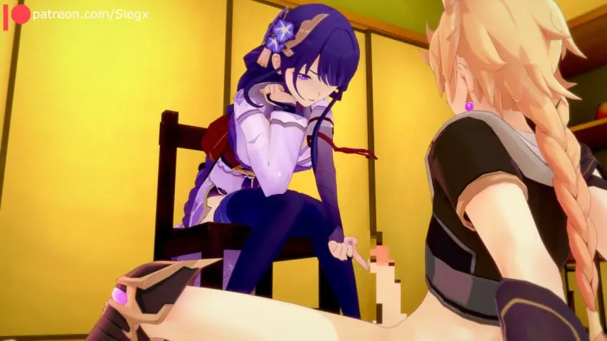 Image 1girls,female,1boy,male,straight,genshin_impact,aether_(genshin_impact),femdom,footjob,raiden_shogun,sieghx