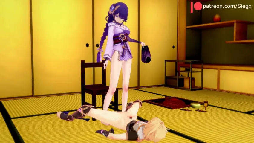 Image 1girls,female,1boy,male,straight,genshin_impact,aether_(genshin_impact),femdom,footjob,raiden_shogun,sieghx