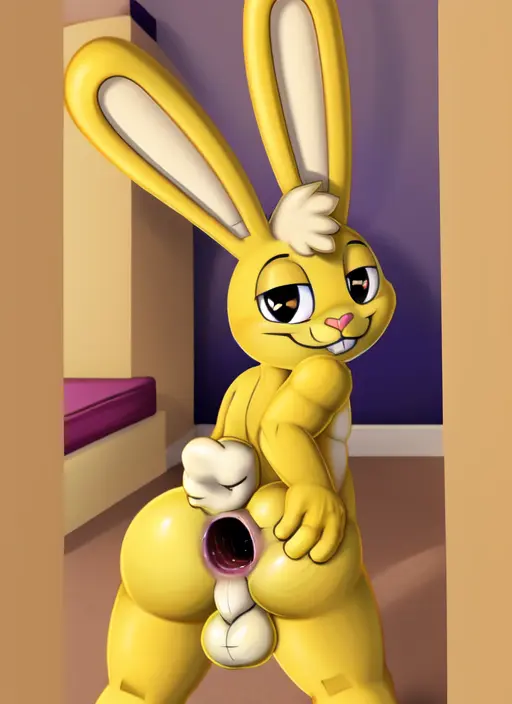 Image looking_at_viewer, smile, standing, male, furry, ass, big_butt, looking_back, male_only, anthro, gay, gay_sex, gaping, gaping_anus, furry_only, asshole, anthro_only, cute_face, rabbit, gay_anal, gay_male, happy_tree_friends, cute_expression, projectai23, cuddles_(htf)