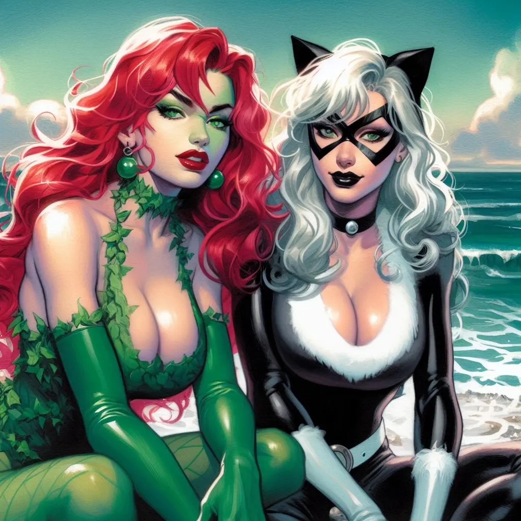 Image big_breasts,breasts,female,large_breasts,white_hair,2girls,choker,red_hair,beach,ai_generated,cleavage,sitting,collar,marvel,marvel_comics,pamela_isley,poison_ivy,black_cat_(marvel),felicia_hardy