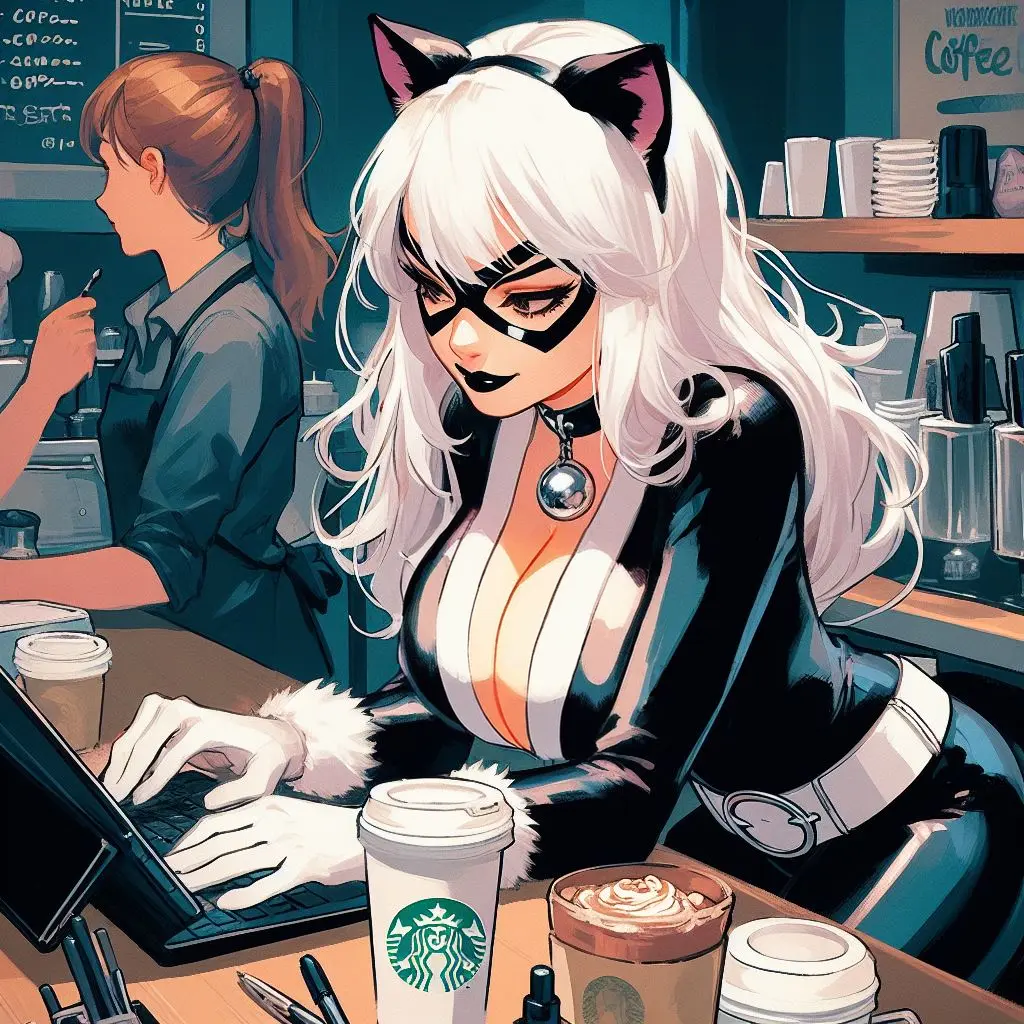 Image big_breasts,breasts,female,female_only,large_breasts,light_skin,white_hair,2girls,ai_generated,cleavage,marvel,marvel_comics,light_skinned_female,black_cat_(marvel),felicia_hardy,coffee,starbucks