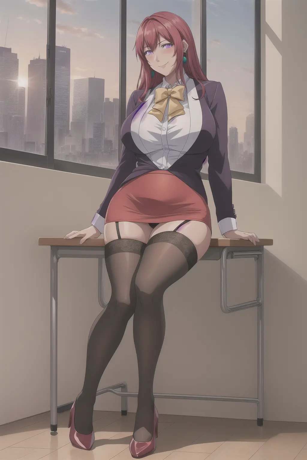 Image blush,bow,female,red_hair,earrings,ai_generated,pale-skinned_female,stockings,purple_eyes,pale_skin,miniskirt,high_heels,teacher,bible_black,artcalypse,takashiro_hiroko