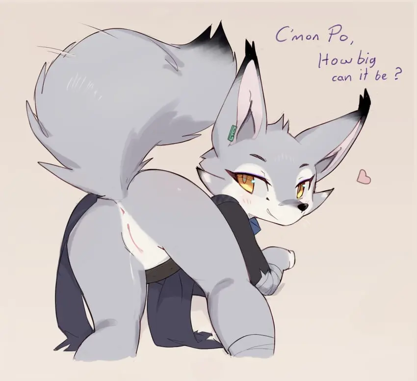 Image clothed,clothing,female,hi_res,looking_at_viewer,smile,solo,pussy,tail,ass,anthro,text,anus,presenting,bodily_fluids,canid,canine,fur,genitals,grey_body,grey_fur,mammal,presenting_hindquarters,fox,presenting_pussy,presenting_anus,true_fox,dreamworks,universal_studios,kung_fu_panda,corsac_fox,zhen_(kung_fu_panda),kung_fu_panda_4,zhen,ancesra