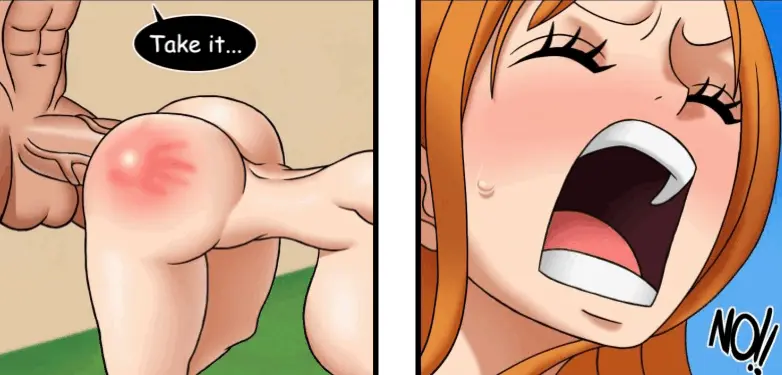 Image female,male,nude,penis,huge_ass,one_piece,nami_(one_piece),post-timeskip,huge_cock,shocked,animated,dialogue,shocked_expression,animated_gif,shocked_eyes,shonen_jump,hand_print,hand_print_on_ass,holymonster