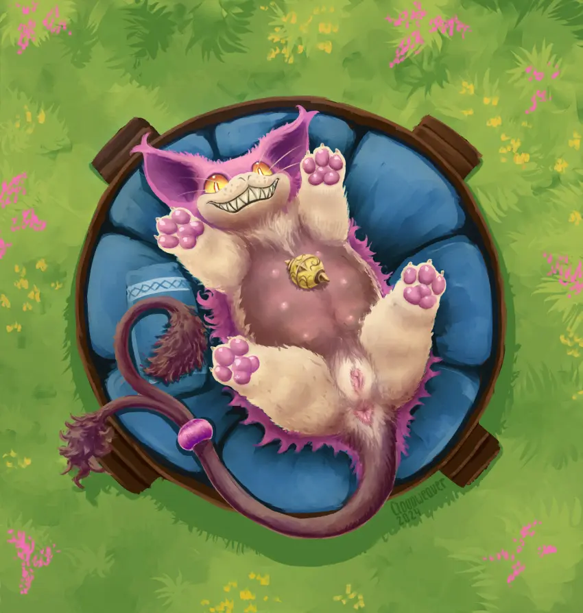 Image female,hi_res,looking_at_viewer,smile,solo,pussy,tail,grinning_at_viewer,purple_fur,anus,on_bed,bed,presenting,slightly_chubby,fur,genitals,mammal,paws,feline,purple_body,brown_fur,furniture,nature,nature_background,brown_body,feral,pal_(species),palworld,pocketpair,felid,presenting_pussy,unusual_anatomy,forked_tail,unusual_tail,grintale,cloudweaver_(artist),pal_sphere