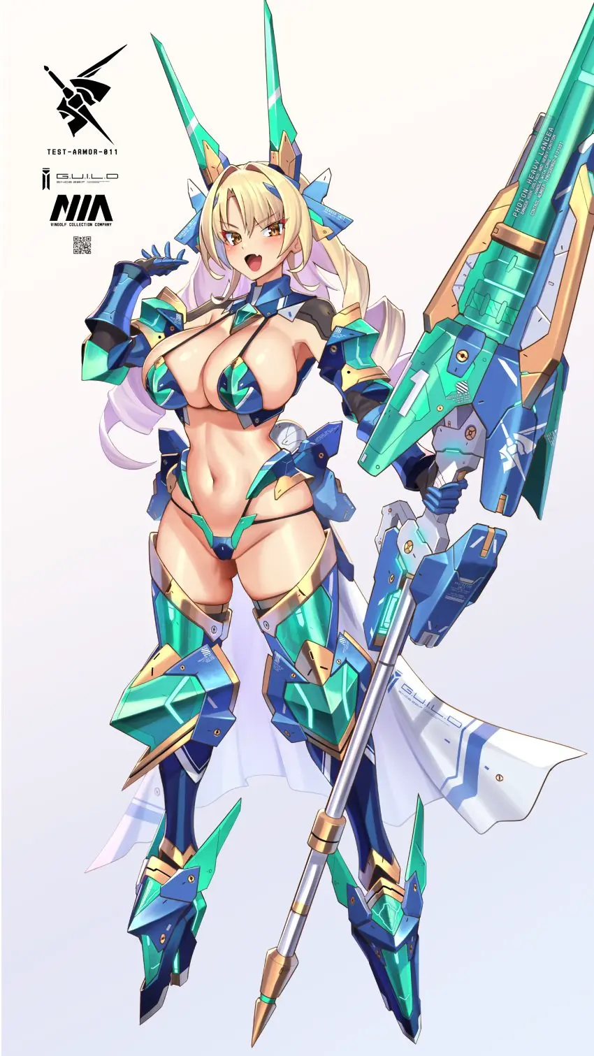 Image 1girls,big_breasts,breasts,female,female_only,highres,large_breasts,long_hair,looking_at_viewer,open_mouth,smile,gloves,navel,bikini,thick_thighs,thighs,orange_eyes,cleavage,legs,swimsuit,character_request,busty,high_heels,holding_object,revealing_clothes,skimpy_clothes,holding_weapon,weapon,fully_clothed,toned,armor,child_bearing_hips,drill_hair,bursting_breasts,bikini_armor,nadare-san_(nadare3nwm)