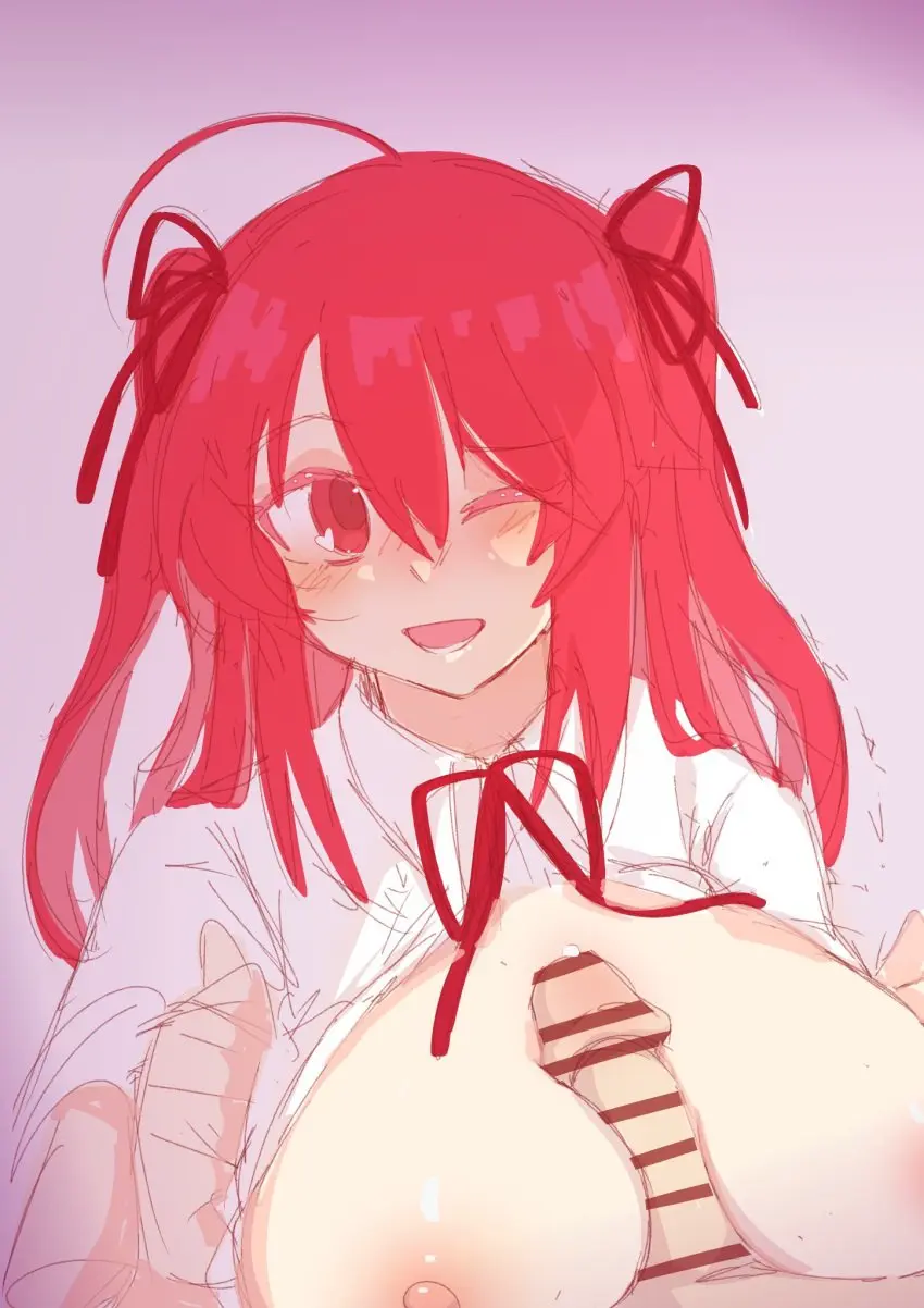 Image 1girls,breasts,female,large_breasts,nipples,open_mouth,red_eyes,smile,touhou,1boy,male,penis,red_hair,paizuri,one_eye_closed,medium_hair,upper_body,komachi_onozuka,onozuka_komachi,kohima_khm,;d