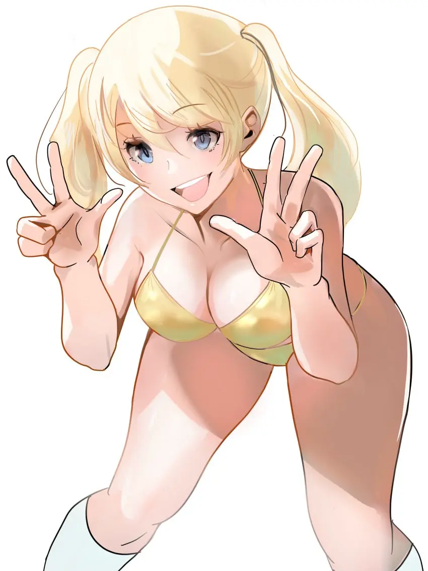 Image 1girls,big_breasts,breasts,female,female_only,highres,large_breasts,open_mouth,smile,solo,blue_eyes,bikini,thighs,cleavage,blonde_hair,legs,character_request,busty,pose,posing,twintails,leaning_forward,v,double_v,gold_bikini,meke