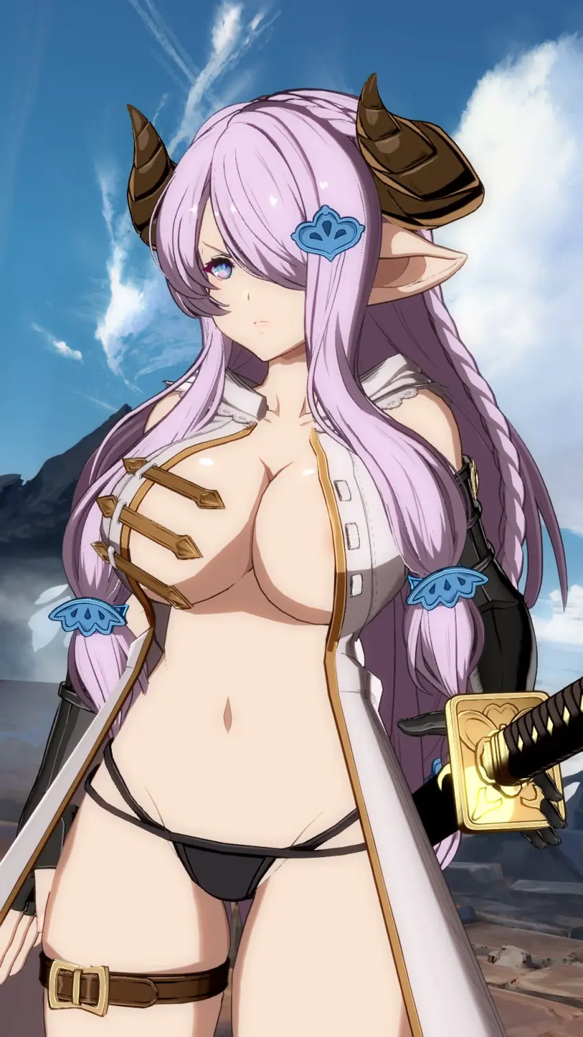 Image 1girls,big_breasts,breasts,female,female_only,highres,long_hair,looking_at_viewer,no_bra,open_clothes,solo,very_long_hair,blue_eyes,gloves,navel,panties,underwear,thick_thighs,thighs,voluptuous,hair_over_one_eye,horns,cleavage,legs,pointy_ears,busty,purple_hair,fingerless_gloves,weapon,areola_slip,sword,granblue_fantasy,serious,narmaya_(granblue_fantasy),granblue_fantasy_versus