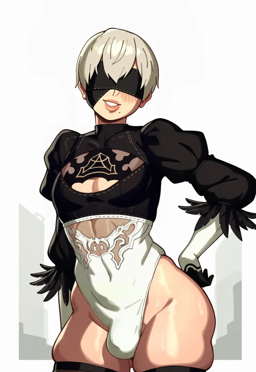 Image blush,light_skin,solo,white_hair,1boy,male,short_hair,thighhighs,thick_thighs,ai_generated,crossdressing,femboy,male_only,trap,balls,light-skinned_male,lips,bulge,lipstick,leotard,blindfold,nier:_automata,nier,balls_under_clothes,yorha_9s,yorha_2b_(cosplay),rizdraws_(ai_style),copernicus
