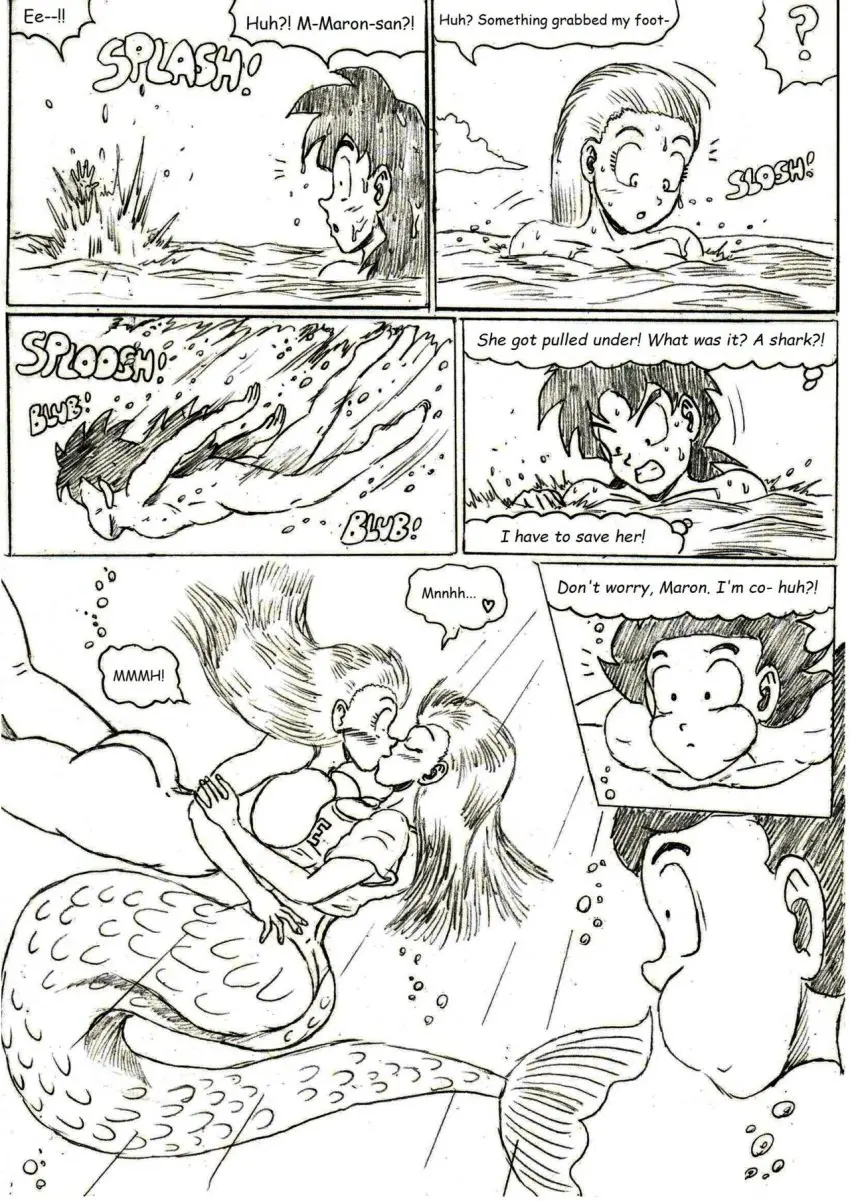 Image 1girls,breasts,female,1boy,male,ocean,dragon_ball,dragon_ball_z,black_and_white,comic_page,english_text,kissing,mermaid,mermaid_tail,underwater,maron,son_gohan,thewritefiction,merfolk,son_gohan_(young)