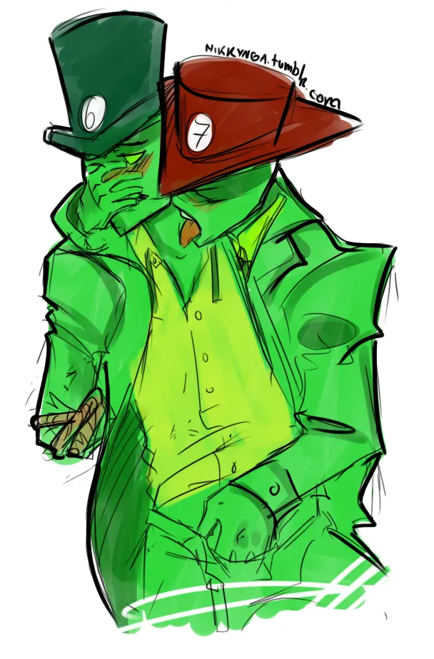 Image blush,male,tongue_out,tongue,2boys,male/male,male_only,yaoi,artist_name,color,2d,green_skin,gay,bondage,hands_behind_back,2d_artwork,top_hat,alien,url,no_visible_genitalia,arms_behind_back,rope_bondage,alien_humanoid,bound_arms,alien_boy,artist_website,hand_in_pants,hand_on_face,homestuck,ms_paint_adventures,the_felt,leprechaun_(homestuck),ambiguous_genitalia,crowbar_(homestuck),die_(homestuck),mikkynga,reaching_into_pants