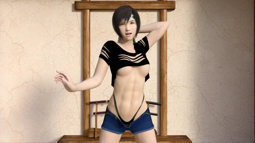 Image breasts,brown_eyes,female,female_only,standing,short_hair,female_focus,underboob,tagme,pose,posing,brown_hair,3d,final_fantasy,final_fantasy_vii,abs,tomboy,toned,toned_female,yuffie_kisaragi,crop_top,muscles,muscle_tone,v1rwr