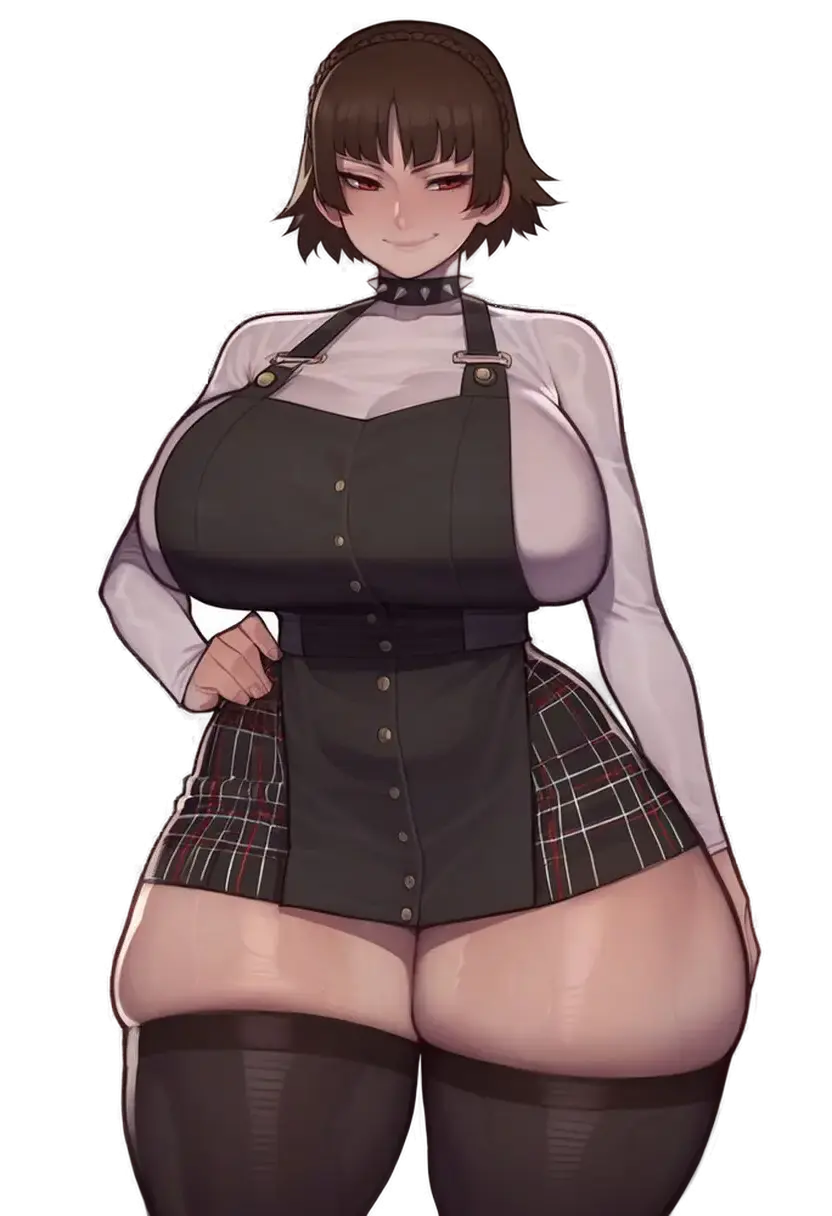Image 1girls,big_breasts,breasts,clothed,female,female_only,large_breasts,red_eyes,thick_thighs,thighs,ai_generated,huge_breasts,school_uniform,brown_hair,collar,thigh_highs,persona,megami_tensei,persona_5,transparent_background,lucyla,makoto_niijima
