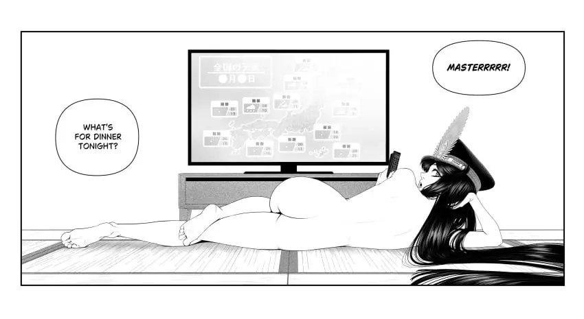 Image female,highres,long_hair,looking_at_viewer,solo,very_long_hair,nude,lying,ass,hat,barefoot,completely_nude,on_side,monochrome,english_text,fate_(series),commentary,greyscale,english_commentary,controller,remote_control,tatami,television,kidetic,kusujinn,koha-ace,head_rest,oda_nobunaga_(fate),oda_nobunaga_(koha-ace)