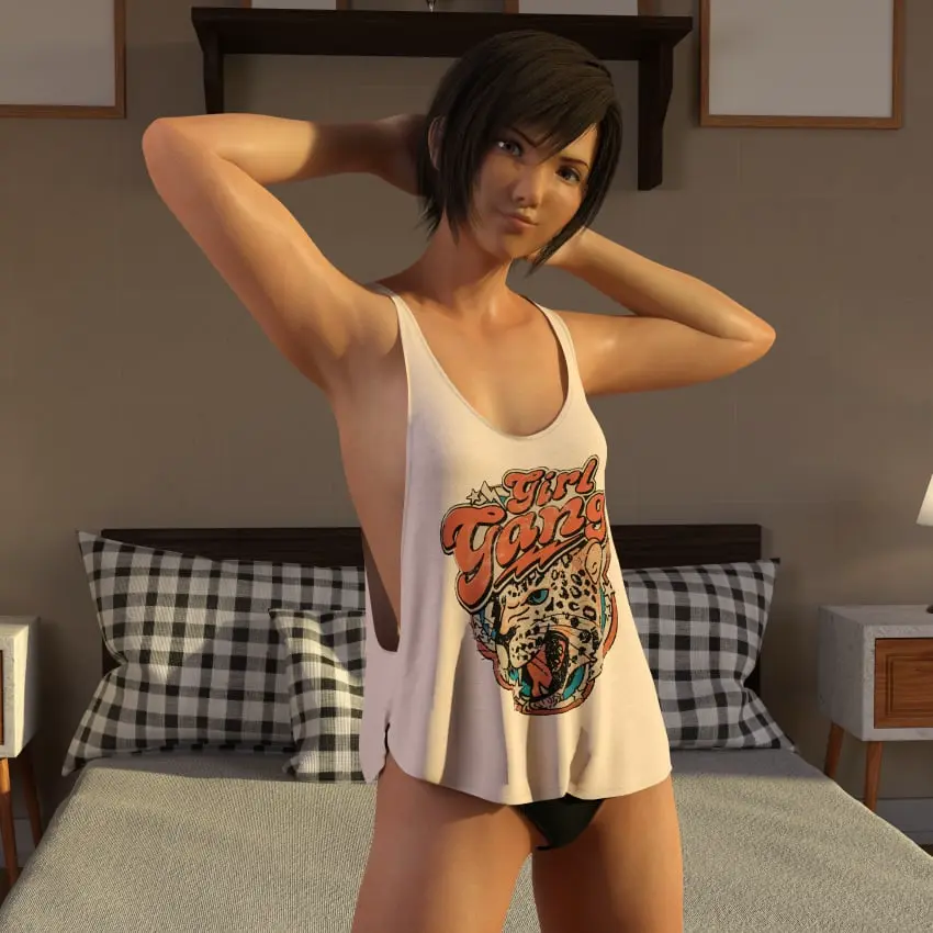 Image brown_eyes,female,female_only,standing,short_hair,female_focus,armpits,hands_behind_head,arms_up,tagme,pose,posing,brown_hair,3d,final_fantasy,final_fantasy_vii,tomboy,tank_top,yuffie_kisaragi,v1rwr