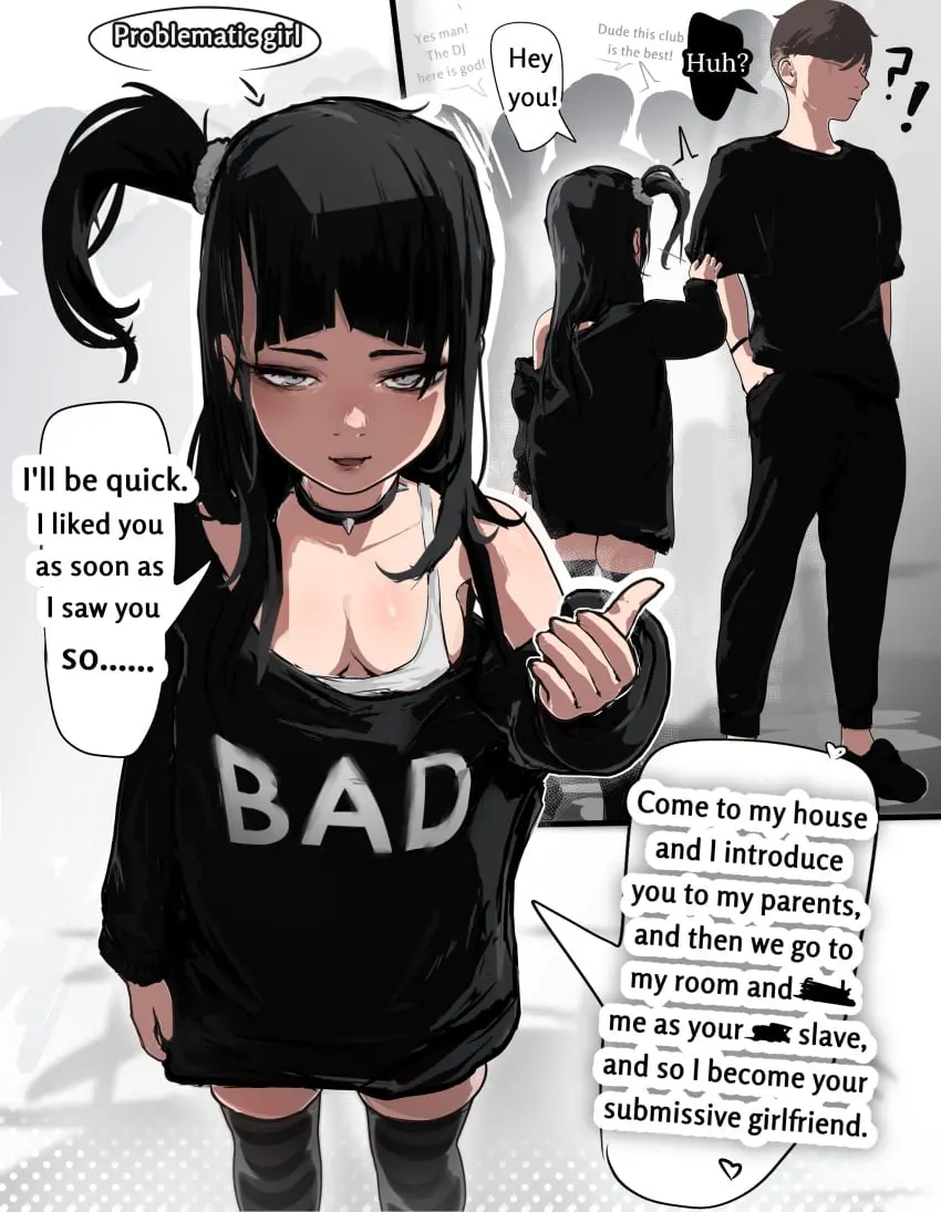 Image 1girls,clothed,clothing,female,human,looking_at_viewer,pants,shirt,1boy,black_hair,male,thighhighs,choker,original,inviting,inviting_to_sex,grey_eyes,makeup,english_text,submissive,submissive_female,speech_bubble,assertive,assertive_female,goth,goth_girl,english,smaller_female,black_shirt,inviting_to_fuck,confession,ioxat