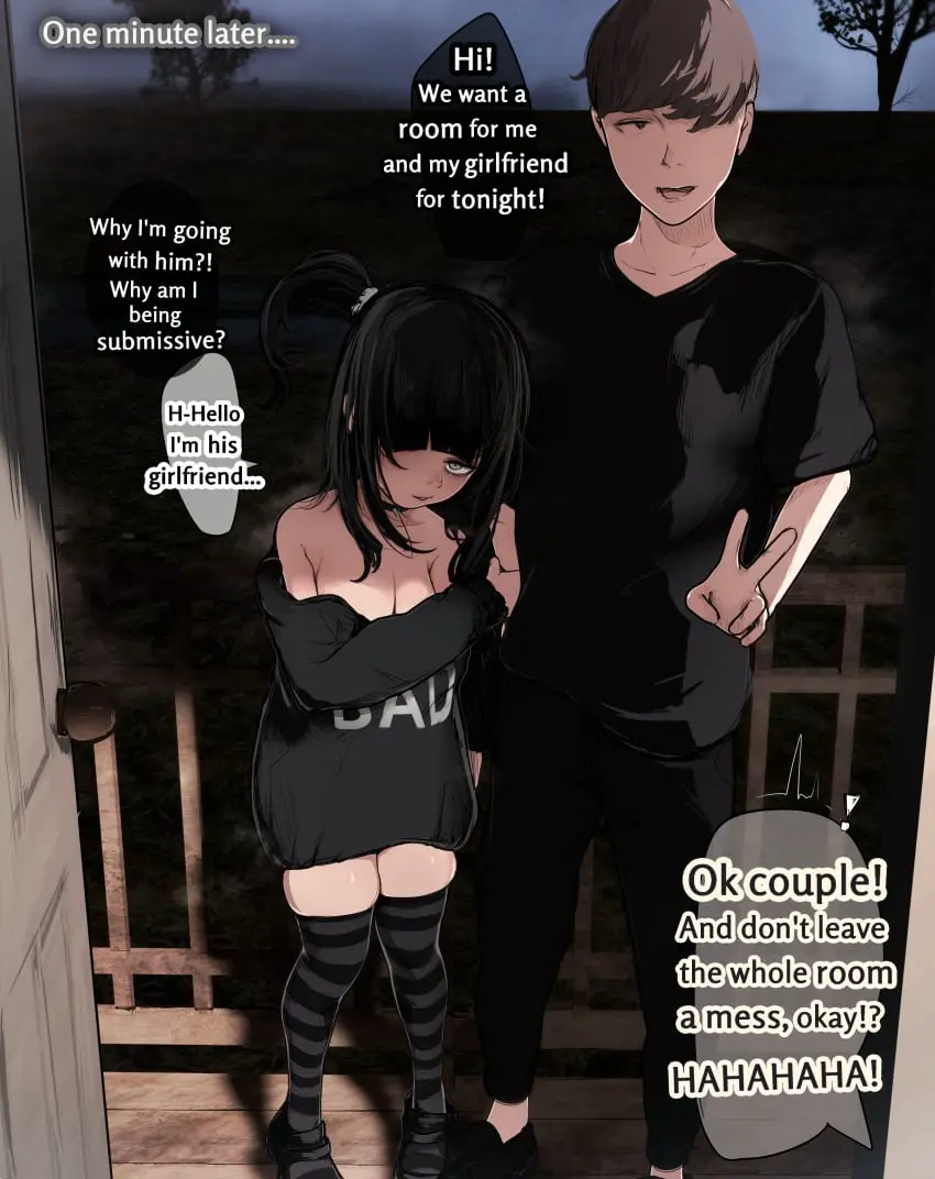 Image 1girls,breasts,female,looking_at_viewer,pants,shirt,solo,1boy,black_hair,male,thighhighs,choker,cleavage,original,couple,brown_hair,english_text,submissive,submissive_female,speech_bubble,assertive,assertive_female,goth,goth_girl,english,shorter_female,holding_arm,short_girl,overflowing_thighs,boyfriend-girlfriend,ioxat
