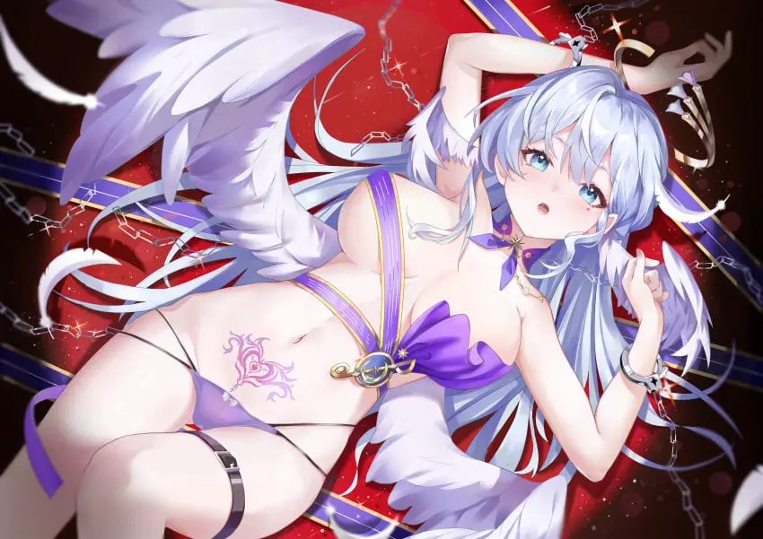 Image 1girls,blush,breasts,female,female_only,highres,large_breasts,looking_at_viewer,absurdres,blue_eyes,blue_hair,navel,sidelocks,lying,on_back,panties,underwear,armpits,covered_nipples,tattoo,teeth,feathers,wings,halo,saliva,hair_between_eyes,topless,detached_collar,collar,hair_intakes,stomach,pubic_tattoo,belt,bondage,no_pants,thigh_strap,fingernails,arm_up,cuffs,white_feathers,bare_legs,honkai:_star_rail,head_wings,honkai_(series),groin,armpit_crease,handcuffs,hand_up,purple_panties,marking_below_eyes,purple_collar,thigh_belt,robin_(honkai:_star_rail),lower_teeth_only,blhazx,jewel_under_eye