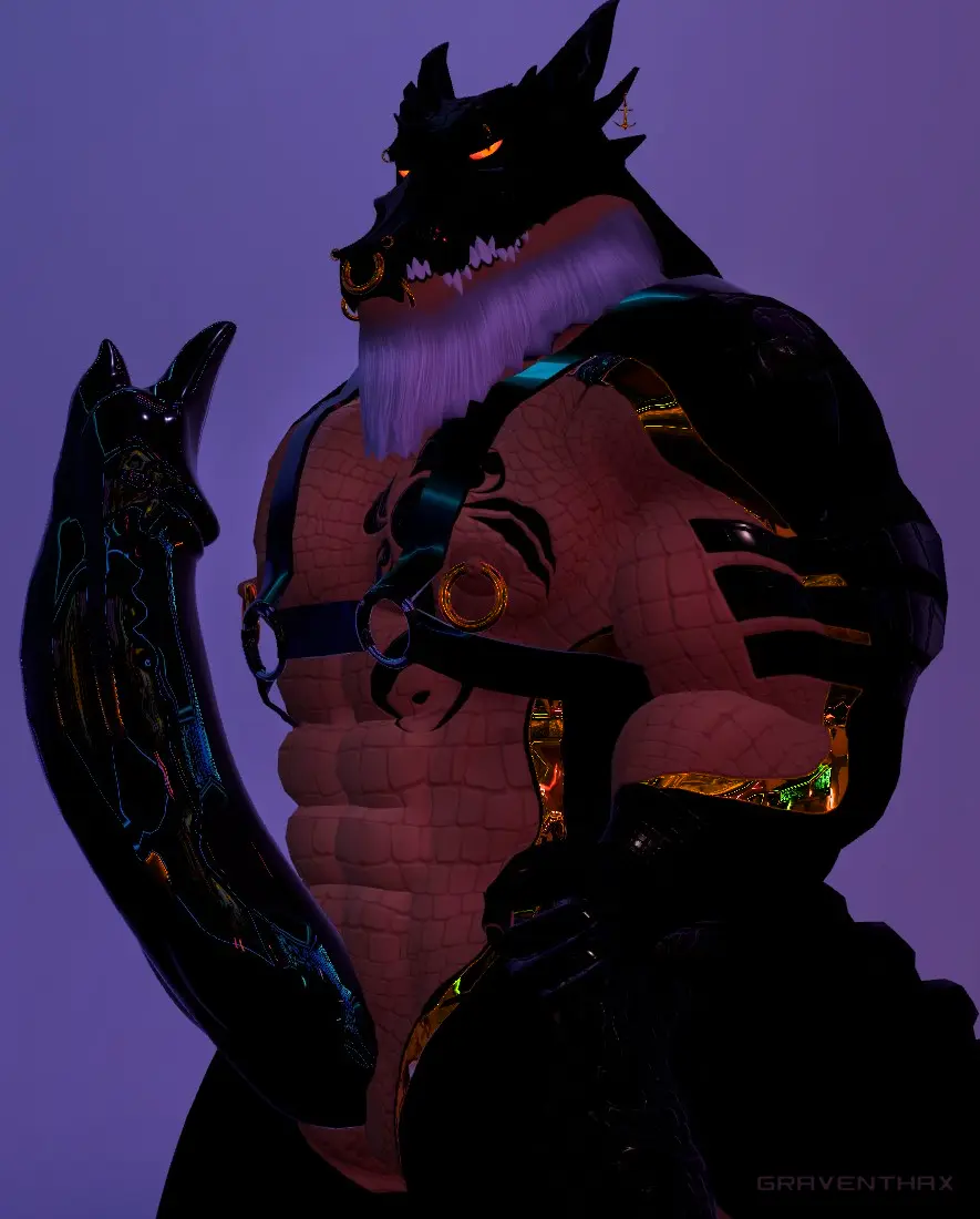 Image solo,male,penis,big_penis,muscular,male_only,anthro,piercing,genitals,pecs,glistening,reptile,scalie,male_focus,abs,age_difference,older_male,crocodile,crocodilian,crocodylid,harness,multiple_piercings,gear,gold_scales,graventhax