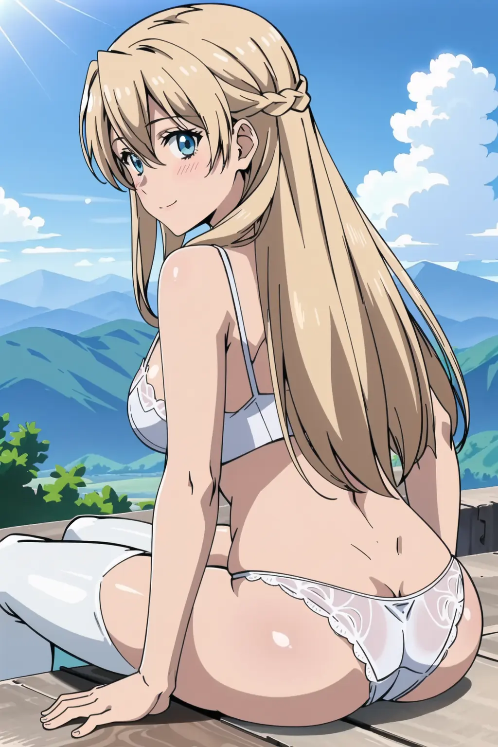 Image 1girls,female,female_only,hi_res,highres,light-skinned_female,light_skin,long_hair,looking_at_viewer,solo,bangs,blue_eyes,bra,panties,ass,female_focus,ai_generated,lingerie,solo_female,solo_focus,tagme,blonde_hair,sitting,braid,outdoors,rear_view,high_resolution,outside,mountain,day,sunlight,daytime,sokushi_cheat_ga_saikyou_sugite_isekai_no_yatsura_ga_marude_aite_ni_naranaindesu_ga,kenja_shion