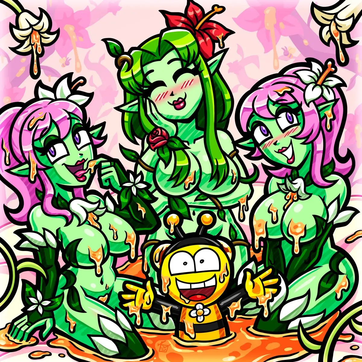 Image blush,female,multiple_girls,nude,covered_nipples,pink_hair,nude_female,tagme,green_skin,green_hair,2022,3girls,monster_girl_encyclopedia,plant_girl,alraune,hooksnfangs,alraune_(monster_girl_encyclopedia),liliraune_(monster_girl_encyclopedia),tree_sap