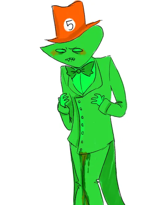 Image blush,1boy,male,humanoid,biting_lip,embarrassed,male_only,color,2d,green_skin,shark,male_focus,2d_artwork,fully_clothed,alien,bowtie,white_eyes,peeing,formal_wear,alien_humanoid,unknown_artist,suit,embarrassing,peeing_self,piss,shark_humanoid,alien_boy,urine,watersports,pissing,urination,accident,homestuck,business_suit,ms_paint_adventures,blank_background,leprechaun_(homestuck),2014,stained_clothes,shark_boy,pissing_on_self,piss_stain,orange_hat,fin_(homestuck)