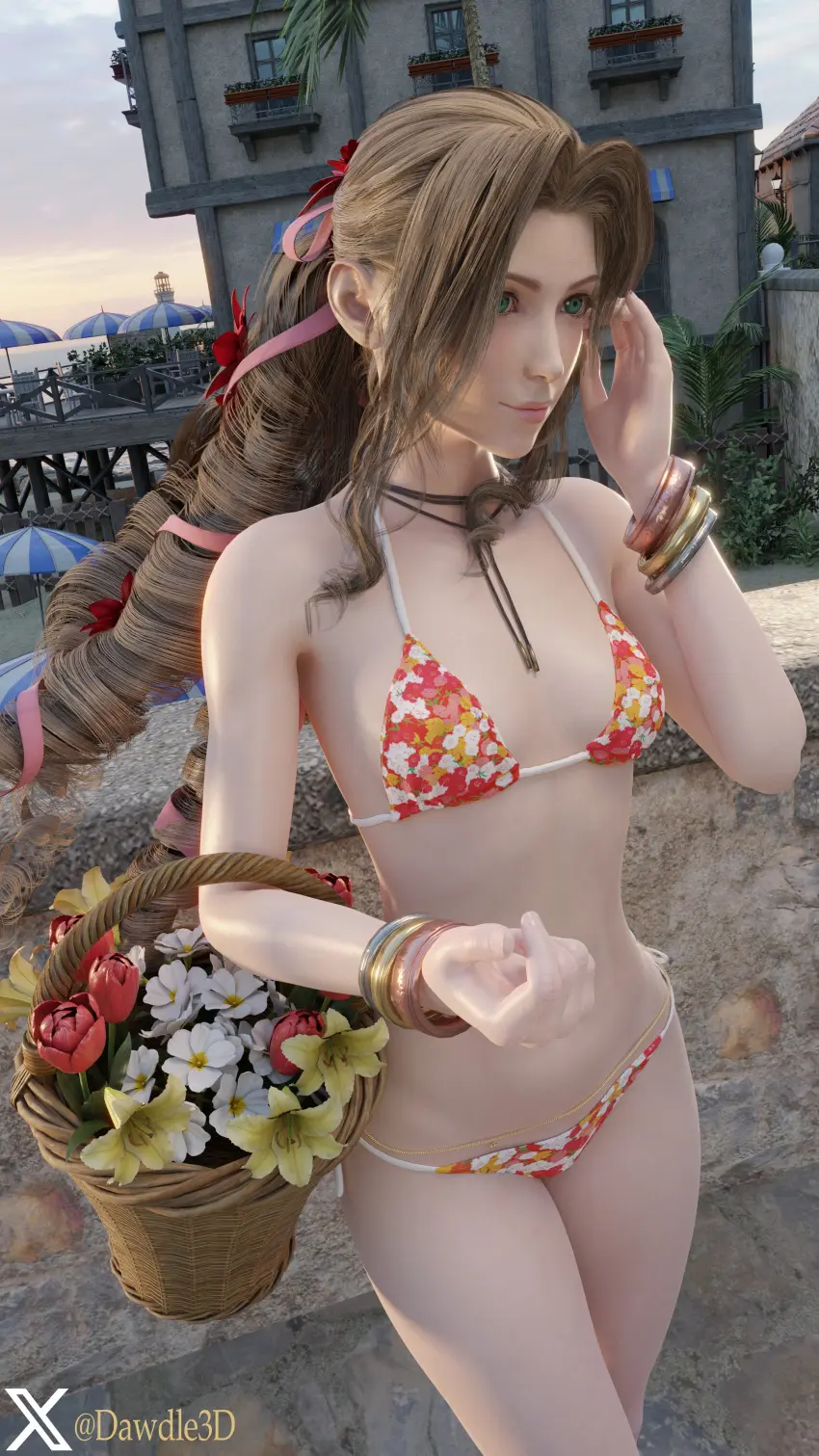 Image breasts,female,female_only,long_hair,navel,bikini,bra,female_focus,small_breasts,athletic,piercing,tagme,green_eyes,necklace,brown_hair,braid,3d,outdoors,slim_waist,final_fantasy,final_fantasy_vii,final_fantasy_vii_remake,makeup,outside,navel_piercing,athletic_female,aerith_gainsborough,final_fantasy_vii_rebirth,flowers,waist_chain,dawdle3d