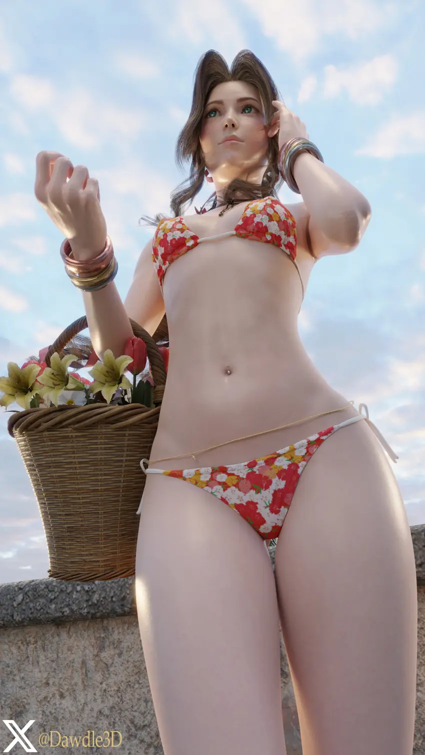 Image breasts,female,female_only,long_hair,navel,bikini,bra,female_focus,small_breasts,athletic,piercing,tagme,green_eyes,necklace,brown_hair,braid,3d,outdoors,slim_waist,final_fantasy,final_fantasy_vii,final_fantasy_vii_remake,makeup,outside,navel_piercing,athletic_female,aerith_gainsborough,final_fantasy_vii_rebirth,flowers,waist_chain,dawdle3d