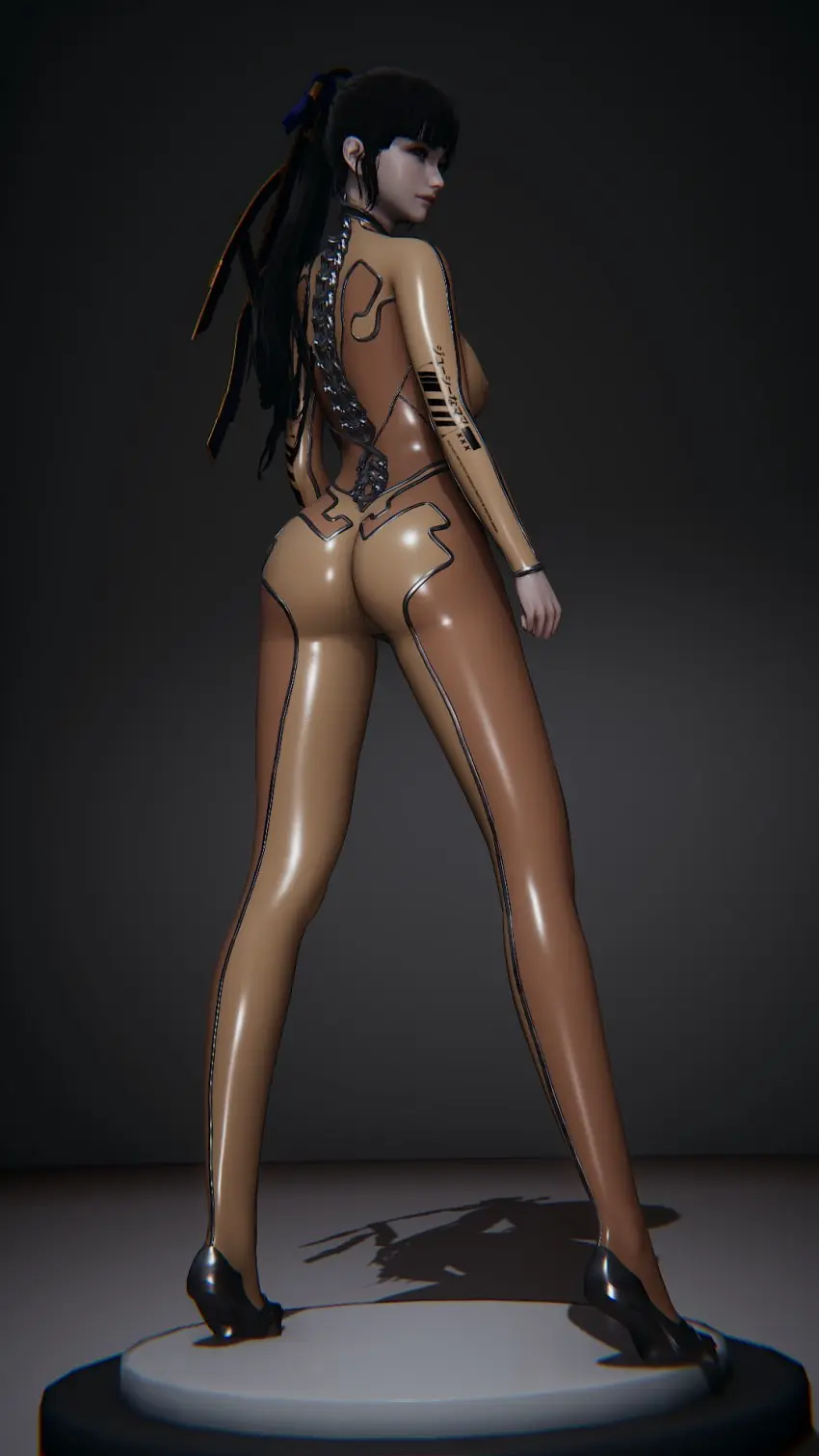 Image breasts,female,female_only,black_hair,ass,huge_ass,seductive,thighs,ponytail,wide_hips,huge_breasts,curvy_figure,posing,3d,presenting,hourglass_figure,high_heels,tight_clothing,bodysuit,eve_(stellar_blade),stellar_blade,posing_for_the_viewer,perfect_body,erect_nipples,asian_female,long_legs,child_bearing_hips,viewed_from_behind,shiny_clothes,honey_select_2,two-tone_bodysuit,skin_suit_(stellar_blade),model_pose,mechanical_spine,gmcc