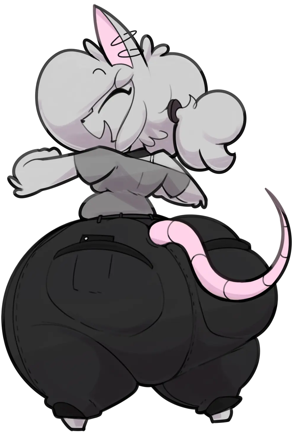 Image 1girls,clothed,female,highres,smile,ass,huge_ass,thighs,massive_ass,clothed_female,anthro,closed_eyes,grey_fur,ass_focus,huge_thighs,fluffy_hair,rat,rat_tail,facing_away,transparent_background,massive_thighs,hair_tie,grey_shirt,black_jeans,elisa_(maddeku),maddeku