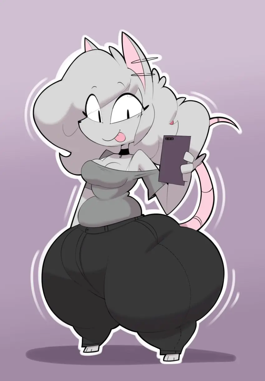 Image 1girls,clothed,female,highres,smile,ass,huge_ass,thighs,cleavage,clothed_female,anthro,grey_fur,selfie,huge_thighs,holding_phone,fluffy_hair,purple_background,facing_viewer,rat,rat_tail,massive_thighs,hair_tie,grey_shirt,black_jeans,elisa_(maddeku),maddeku