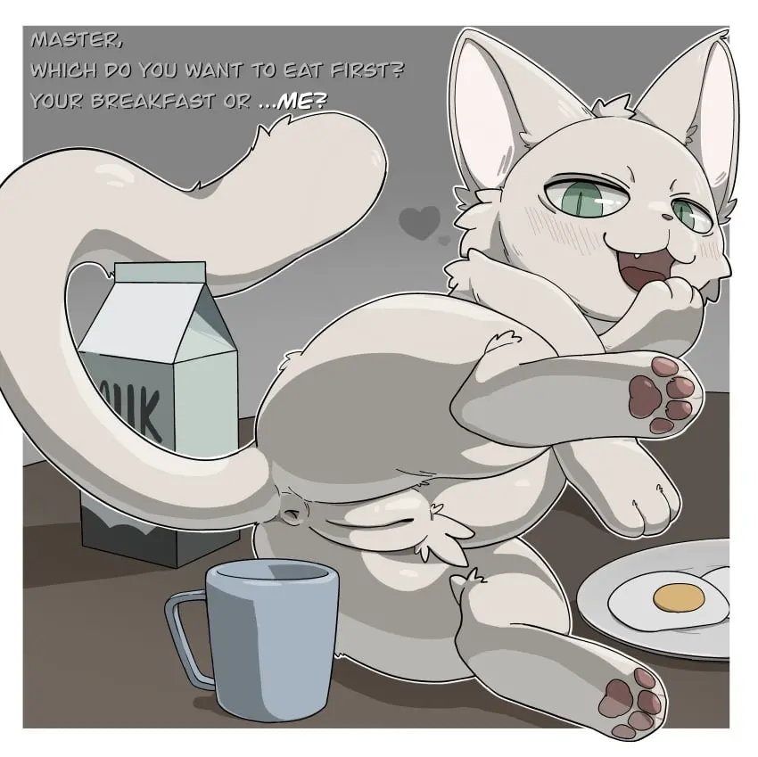 Image blush,female,hi_res,looking_at_viewer,simple_background,solo,pussy,tail,lying,furry,text,anus,on_side,absurd_res,on_table,inviting,genitals,mammal,paws,english_text,feline,white_body,grey_background,furniture,table,talking_to_viewer,feral,felid,domestic_cat,felis,container,cup,food,border,white_border,cat,nippleless,laying_on_side,milk_container,a_cat_is_fine_too,maoegou,fried_egg